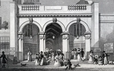 Burlington Arcade, Picadilly, grawerowane przez Williama Tomblesona, 1828