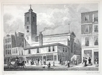 Kościół St Dionis, Backchurch, z pubu „Londyn i jego okolice w XIX wieku”. Jones und Co., 1827-1829