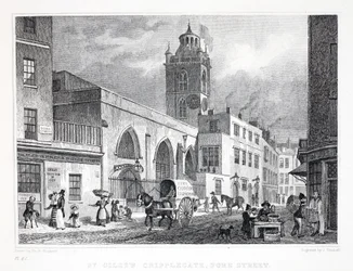 Kościół St Giles, Cripplegate, z pubu „Londyn i jego okolice w XIX wieku”. Jones und Co., 1827-1829
