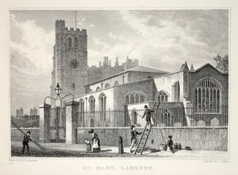 Kościół St Mary, Lambeth, z pubu „Londyn i jego okolice w XIX wieku”. Jones und Co., 1827-1829
