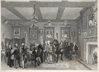 Sala Rady, Sala Winiarzy, z pubu „London Interiors with your Costumes and Ceremonies”. Joseph Mead, Londyn, c.1843 (rycina stalowa)