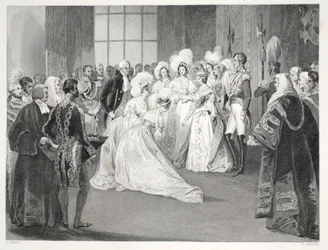 Salon Królowej Wiktorii z pubu „London Interiors withich Costumes and Ceremonies”. Joseph Mead, Londyn, c.1843 (rycina stalowa)