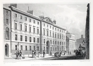 Urząd akcyzowy, Broad Street, z pubu „Londyn i okolice w XIX wieku”. Jones und Co., 1827-1829