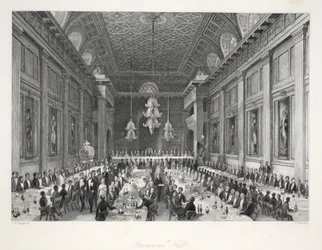 Sala wolnomularzy, z „London Interiors with their Costumes and Ceremonies”, wydane przez Josepha Meada, Londyn, około 1843