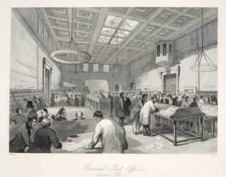 General Post Office, Inland Office, z pubu „London Interiors with your Costumes and Ceremonies”. Joseph Mead, Londyn, c.1843 (rycina stalowa)