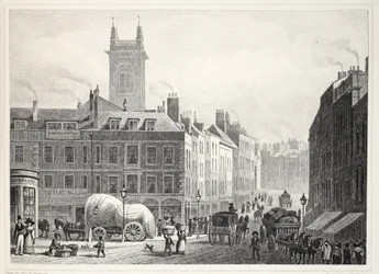 Most Holborn, kościół św. Andrzeja itp., z pubu „Londyn i jego okolice w XIX wieku”. Jones und Co., 1827-1829
