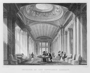 Wnętrze Biblioteki Adwokatów w Edynburgu, rytowane przez Williama Watkinsa, 1831