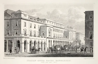 Opera włoska, Haymarket, z pubu „Londyn i okolice w XIX wieku”. Jones und Co., 1827-1829