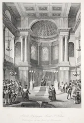 Synagoga żydowska, Great St Helens, z pubu „Londyńskie wnętrza z ich kostiumami i ceremoniami”. Joseph Mead, Londyn, c.1843 (rycina stalowa)