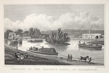 Skrzyżowanie Kanału Regenta w Paddington, z pubu „Londyn i jego okolice w XIX wieku”. Jones und Co., 1827-1829