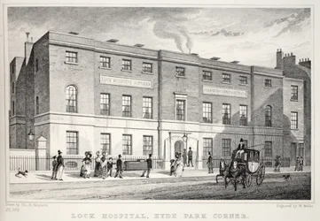 Lock Hospital, Hyde Park Corner, z pubu „Londyn i jego okolice w XIX wieku”. Jones und Co., 1827-1829