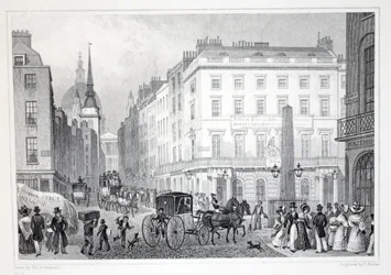 Ludgate Hill, z Fleet Street, z pubu „Londyn i okolice w XIX wieku”. Jones und Co., 1827-1829