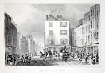 Middle Row, Holborn, z pubu „Londyn i jego okolice w XIX wieku”. Jones und Co., 1827-1829