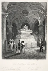 Grób Nelsona w Krypcie św. Pawła z pubu „London Interiors withich Costumes and Ceremonies”. Joseph Mead, Londyn, c.1843 (rycina stalowa)
