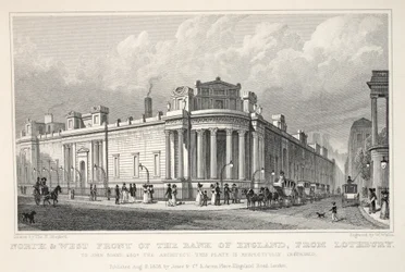 Front Północno-Zachodni Banku Anglii z Lothbury, z pubu „Londyn i jego okolice w XIX wieku”. Jones und Co., 1827-1829
