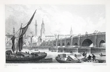 Old London Bridge, z Southwark, z pubu „Londyn i jego okolice w XIX wieku”. Jones und Co., 1827-1829