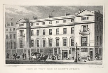 Część West Side of Regent Street, z pubu „Londyn i jego okolice w XIX wieku”. Jones und Co., 1827-1829