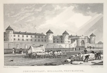 Więzienie, Millbank, Westminster, z pubu „Londyn i jego okolice w XIX wieku”. Jones und Co., 1827-1829