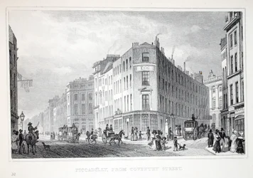 Piccadilly, z Coventry Street, z pubu „Londyn i jego okolice w XIX wieku”. Jones und Co., 1827-1829