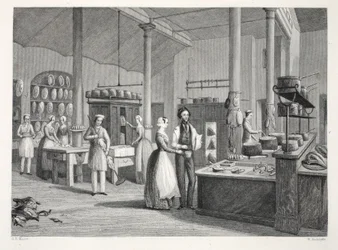 Klub Reform - kuchnia, z pubu „London Interiors with Your Costumes and Ceremonies”. Joseph Mead, Londyn, c.1843 (rycina stalowa)