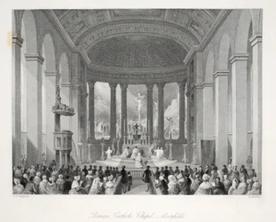 Kaplica rzymskokatolicka, Moorfields, z publikacji Londyńskie wnętrza z ich strojami i ceremoniami, wydanej przez Josepha Meada, Londyn, około 1843