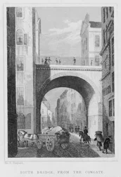 South Bridge z Cowgate, Edynburg grawerowany przez Williama Watkinsa, 1831