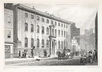 South Sea House, Threadneedle Street, z pubu „Londyn i jego okolice w XIX wieku”. Jones und Co., 1827-1829