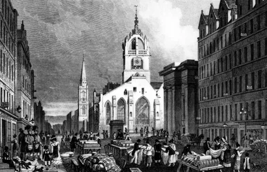 St. Giles Church, County Hall and the Lawn Market, Edynburg, grawerowane przez Williama Tomblesona, c.1830 (grafika)