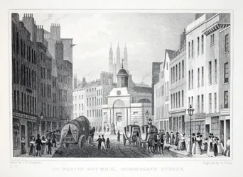 St Martin Outwich, Bishopsgate Street, z Londynu i okolic w pubie z XIX wieku. Jones und Co., 1827-1829