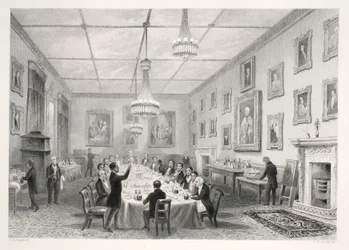 Dom kryty strzechą, z pubu „London Interiors with Your Costumes and Ceremonies”. Joseph Mead, Londyn, c.1843 (rycina stalowa)