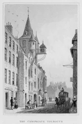 The Canongate Tolbooth, Edynburg, grawerowane przez Thomasa Barbera, zdjęcie z 1829 bw)