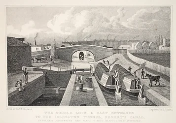 Podwójny dok i wschodnie wejście do tunelu Islington, kanału Regenta, z pubu „Londyn i jego okolice w XIX wieku”. Jones und Co., 1827-1829