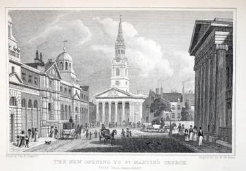 Nowe otwarcie kościoła św. Marcina, z Pall Mall East, z pubu „Londyn i jego okolice w XIX wieku”. Jones und Co., 1827-1829