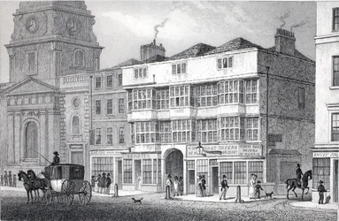 Old White Hart Tavern, Bishopsgate Street, z pubu „Londyn i jego okolice w XIX wieku”. Jones und Co., 1827-1829