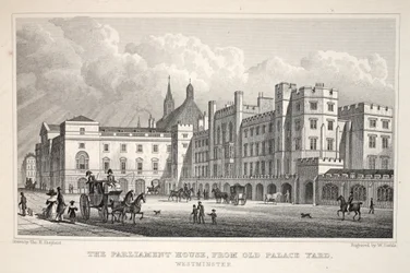 Parlament z Old Palace Yard, Westminster, z pubu „Londyn i jego okolice w XIX wieku”. Jones und Co., 1827-1829