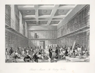 Czytelnia i Biblioteka w British Museum, z pubu „London Interiors withich Costumes and Ceremonies”. Joseph Mead, Londyn, c.1843 (rycina stalowa)