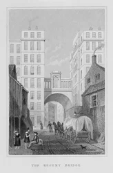 Regent Bridge, Edynburg, grawerowane przez Thomasa Barbera, 1829