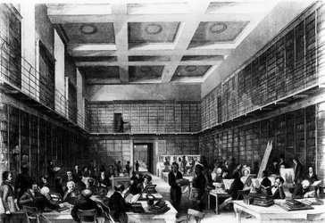 Szósta Czytelnia Muzeum Brytyjskiego, opublikowana w „London Interiors”, 1841 (rycina)