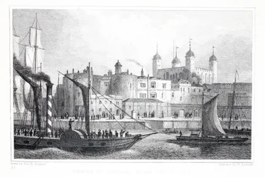 Tower of London, znad Tamizy, z pubu „Londyn i jego okolice w XIX wieku”. Jones und Co., 1827-1829