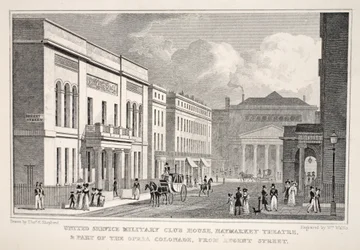 United Service Military Club House, Teatr Haymarket i część Opera Colonnade od Regent Street, z pubu „Londyn i jego okolice w XIX wieku”. Jones und Co., 1827-1829 (engravi