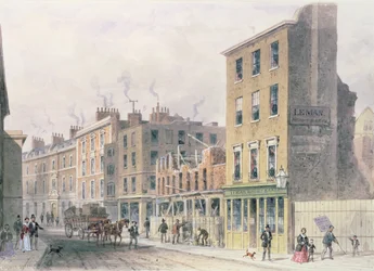 Zobacz na Threadneedle Street, ciągnąc w dół dla ulepszeń, Merchant Taylors, Hall lub Alderman Moon Print Shop na rogu Finch Lane