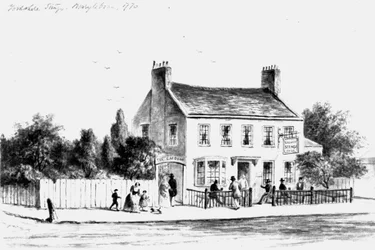 Widok na dom publiczny Yorkshire Stingo w Paddington, 1860-1859 (rysunek)