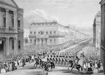 Kondukt pogrzebowy Wellingtona przechodzący przez Senior United Service Club, Pall Mall, Londyn, 1852