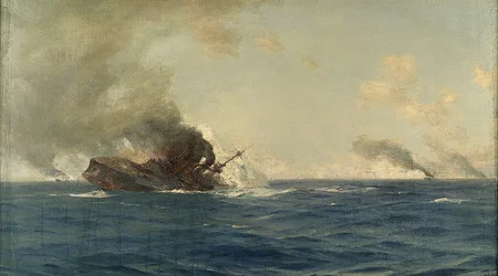 Zatonięcie okrętu "Scharnhorst" w bitwie o Falklandy, 8 grudnia 1914 r., ok. 1915 r. (olej na płótnie)