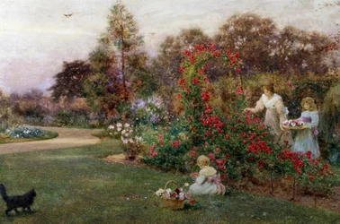 W ogrodzie artysty, Yapton, Sussex. Matka z dwójką dzieci zbierająca róże w ogrodzie. Obraz autorstwa Thomasa Jamesa Lloyda (1849-1910, Wielka Brytania) Kolekcja prywatna