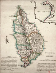 Kolorowa mapa Dominiki ze szczegółowymi obserwacjami geograficznymi, ok. 1760 r. (ręcznie kolorowana rycina)