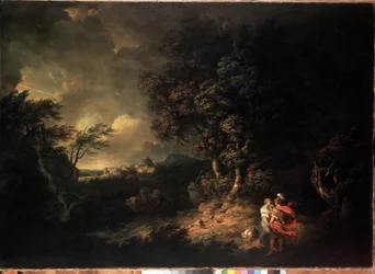 „„Pejzaż burzowy z Eneaszem i Dydą”” (Pejzaż z Eneaszem i Dydoną) Ilustracja z Eneidy Wergiliusza. Obraz Thomas Jones (1742-1803) 1769 Wymiary 137,5x193,5 cm Ermitaż, Sankt Petersburg