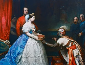 Królowa Wiktoria wręcza Biblię w sali audiencyjnej w Windsorze, około 1861
