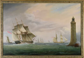 Fregata i Bryg Marynarki Wojennej mijając latarnię Eddystone
