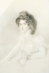 Portret Elżbiety, księżnej Devonshire (1758-1824), siedzącej, do połowy długości, w dużym kapeluszu z piórami (ołówek, czarno-czerwona kreda na papierze)